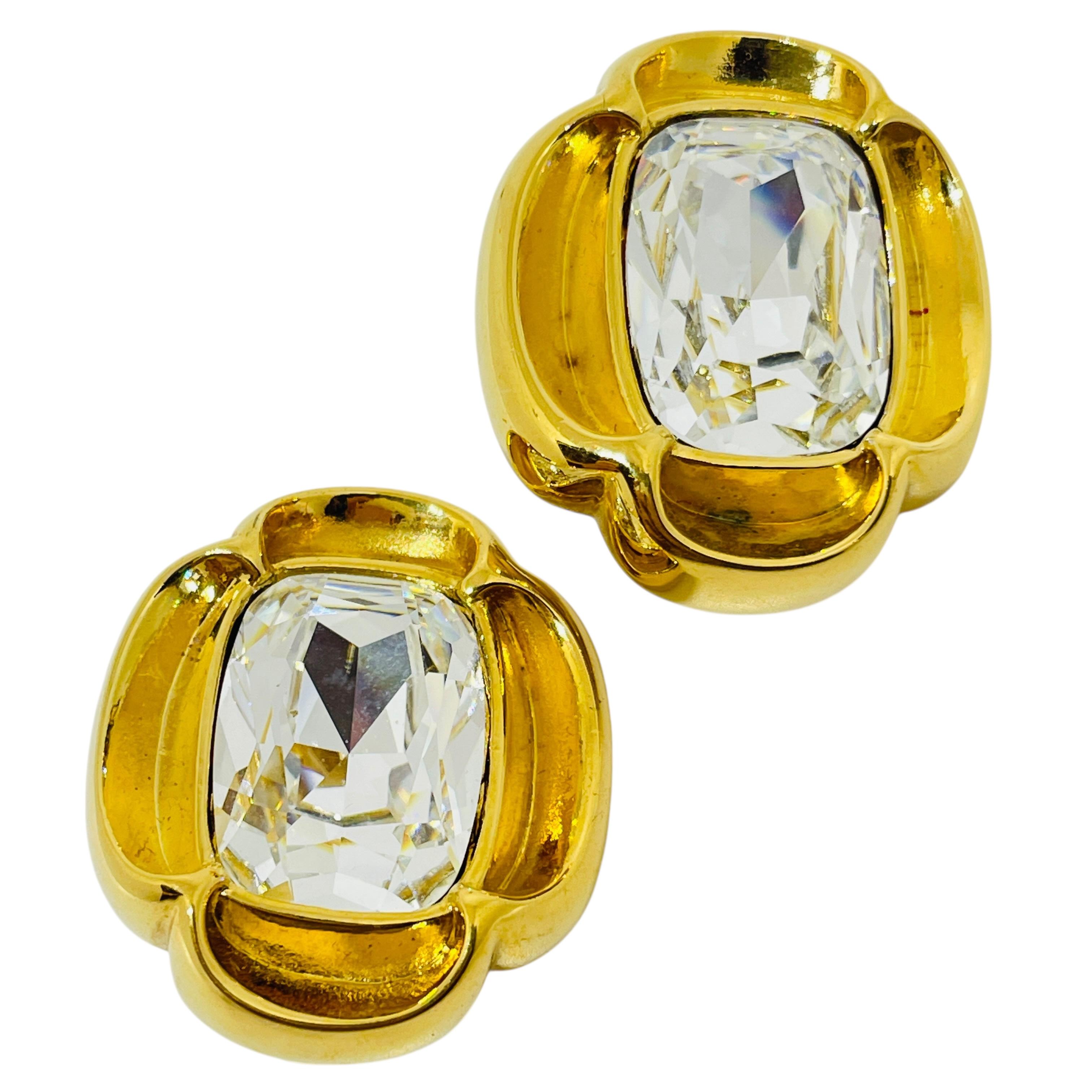 Vintage Gold Ton klar Glas Juwel massiv Designer Clip auf Ohrringe im Angebot 1