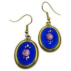 Vintage gold tone cobalt blue enamel flower designer dangle earrings