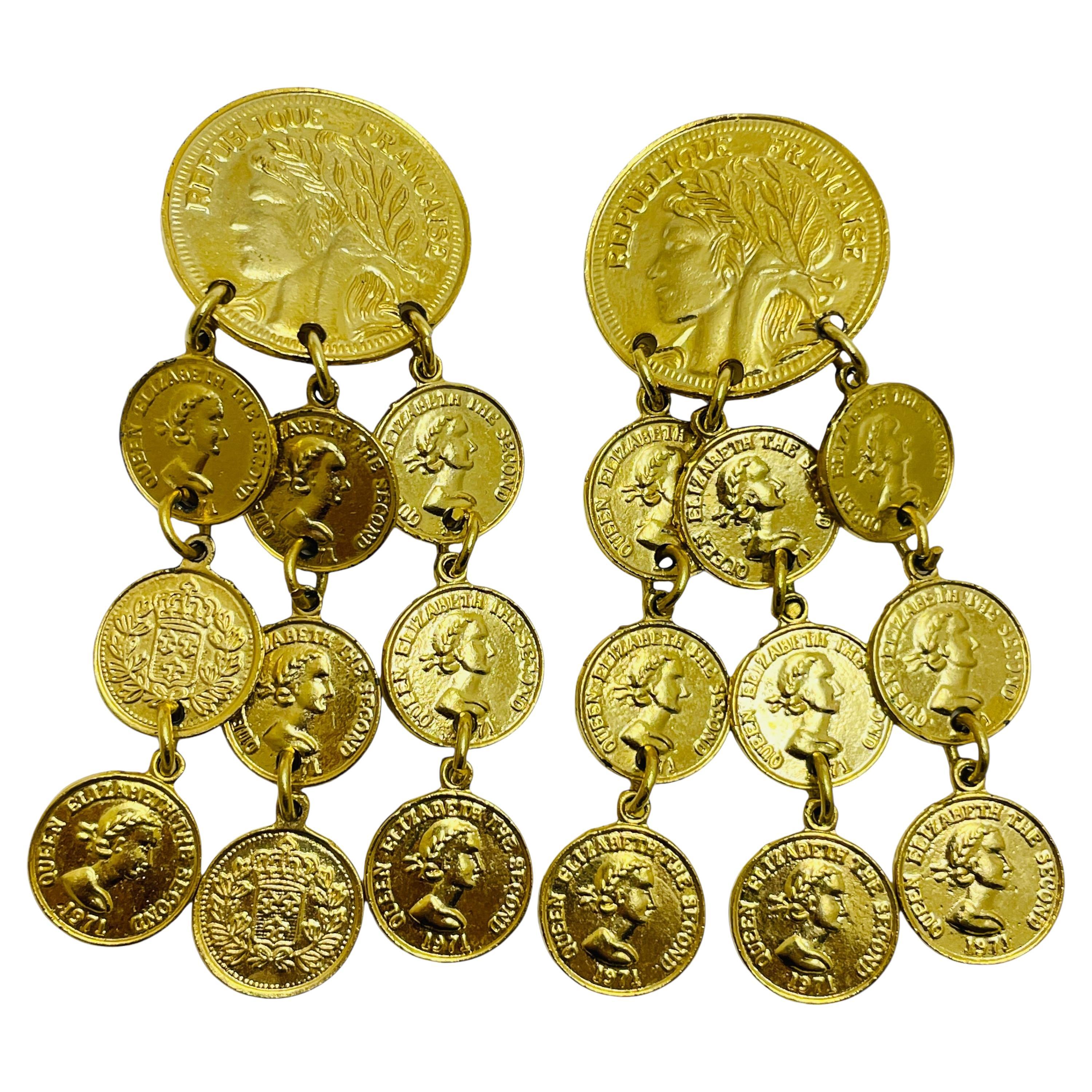 Vintage gold tone coin dangle designer clip on earrings