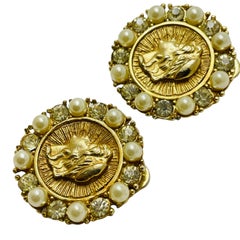 Vintage gold tone coin pearl rhinestone designer clip on earrings