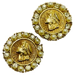 Vintage gold tone coin pearl rhinestone designer clip on earrings