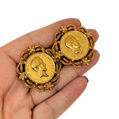Vintage gold tone coin rhinestone Etruscan designer clip on earrings
