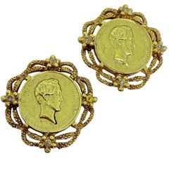 Boucles d
oreilles à clip vintage en strass et pièces de monnaie étrusques, ton or