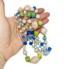 Vintage gold tone colorful blue pearls art glass designer beaded necklace