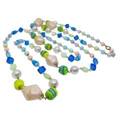 Vintage gold tone colorful blue pearls art glass designer beaded necklace