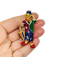 Vintage gold tone colorful enamel clown figural designer brooch
