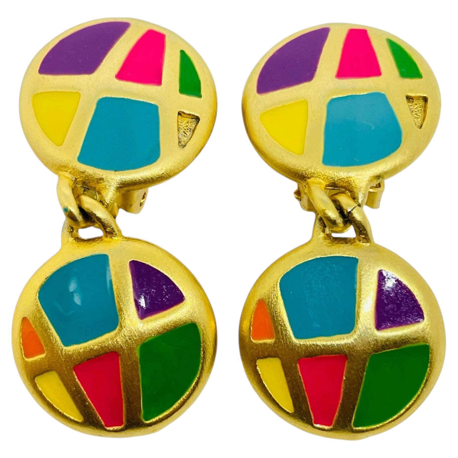 Vintage gold tone colorful enamel dangle designer clip on earrings