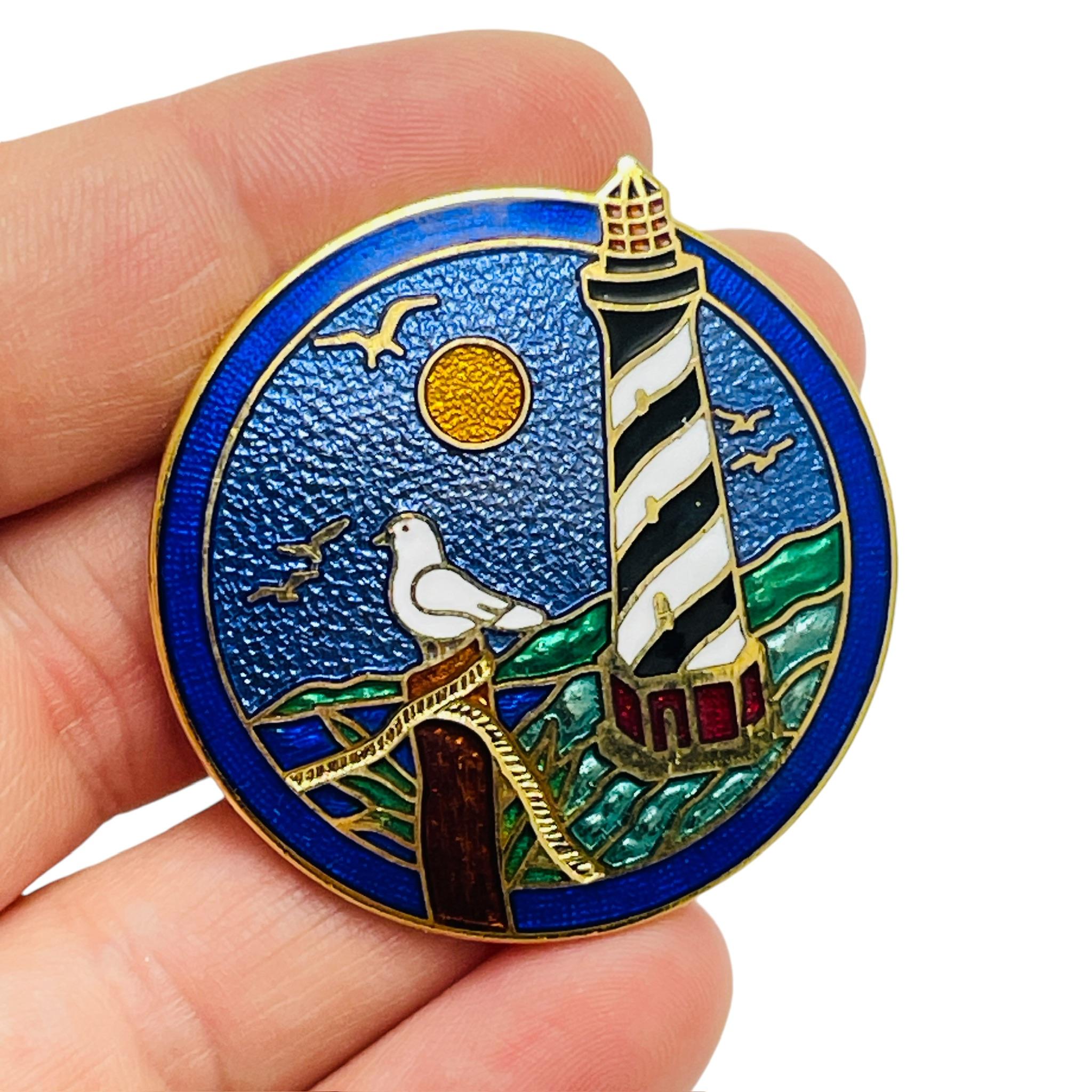 Women's Vintage gold tone colorful enamel lighthouse designer brooch For Sale