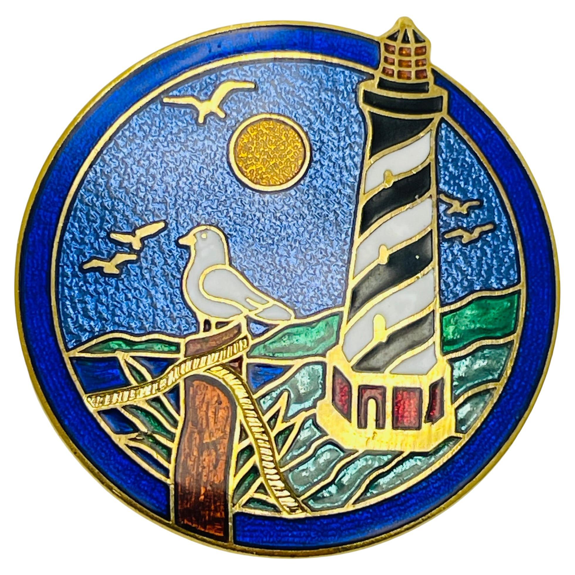Vintage gold tone colorful enamel lighthouse designer brooch For Sale