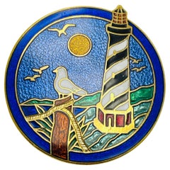 Vintage gold tone colorful enamel lighthouse designer brooch