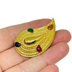 Vintage gold tone colorful enamel paisley designer brooch
