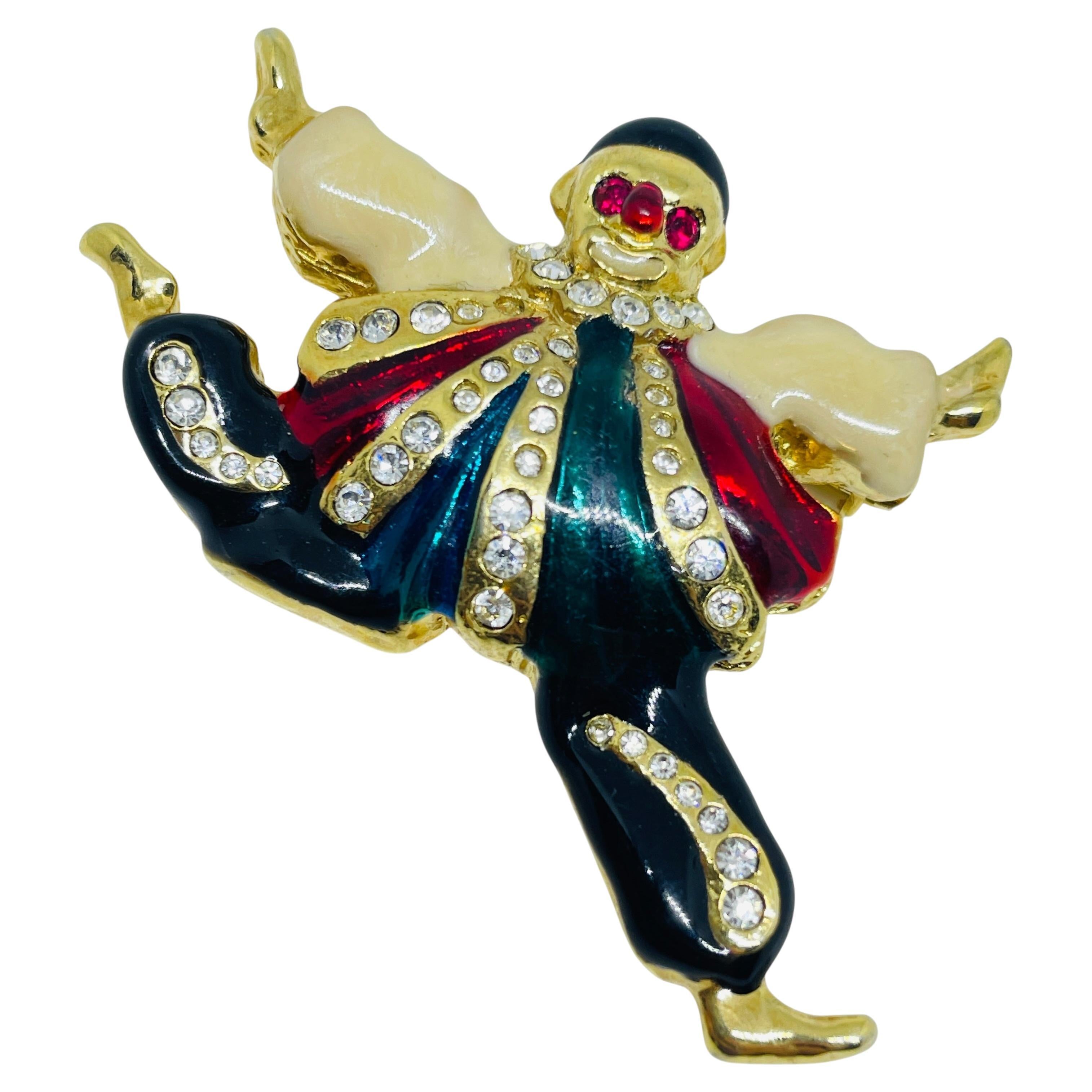 Vintage gold tone colorful enamel rhinestones clown figural designer brooch