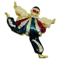 Vintage gold tone colorful enamel rhinestones clown figural designer brooch