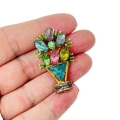 Vintage gold tone colorful flower basket glass CZECHO signed designer brooch