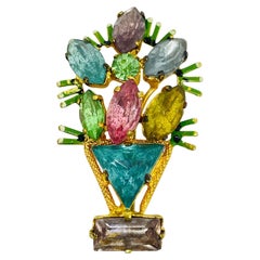 Vintage gold tone colorful flower basket glass CZECHO signed designer brooch
