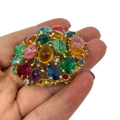 Vintage gold tone colorful fruit salad glass cabochons designer brooch