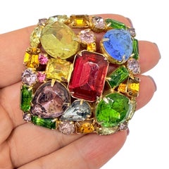 Vintage gold tone colorful fruit salad glass stones designer brooch