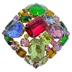 Vintage gold tone colorful fruit salad glass stones designer brooch