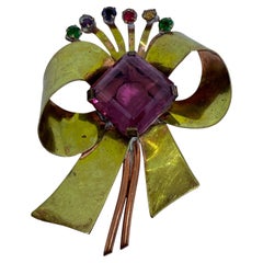 Vintage Gold Ton bunt Glas Bogen Designer Brosche