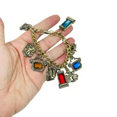 Vintage gold tone colorful jewel glass charms chain designer bracelet