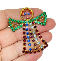 Vintage gold tone colorful rhinestone angel designer brooch