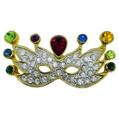 Vintage gold tone colorful rhinestone mask designer brooch