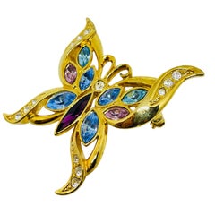 Vintage gold tone colorful rhinestones butterfly figural designer pin brooch