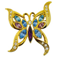 Vintage gold tone colorful rhinestones butterfly figural designer pin brooch