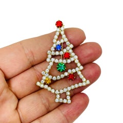 Vintage gold tone colorful rhinestones Christmas Tree designer brooch