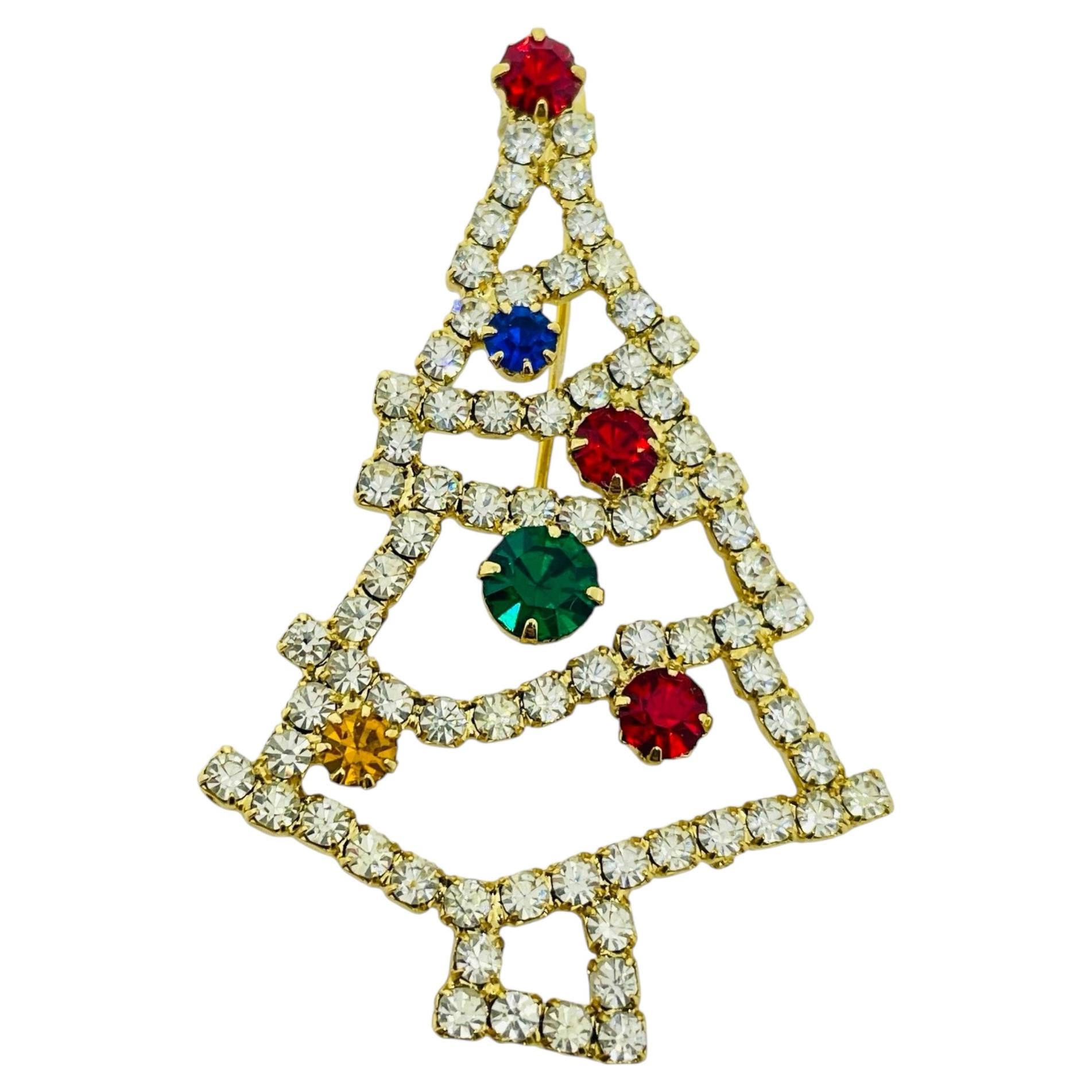 Vintage gold tone colorful rhinestones Christmas Tree designer brooch