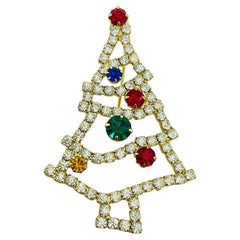 Vintage gold tone colorful rhinestones Christmas Tree designer brooch