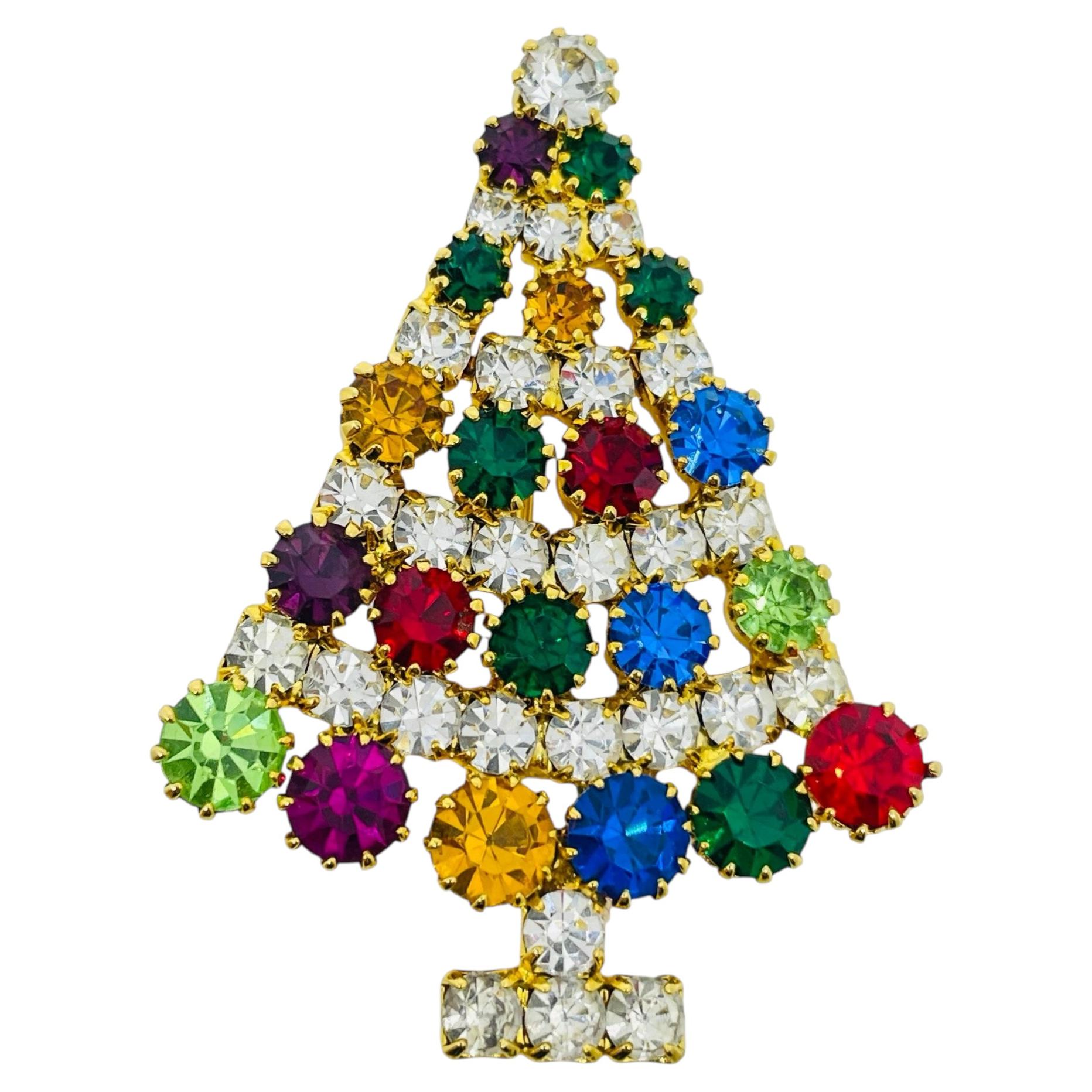 Vintage gold tone colorful rhinestones Christmas Tree designer brooch