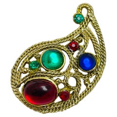 Vintage gold tone colorful rhinestones designer brooch
