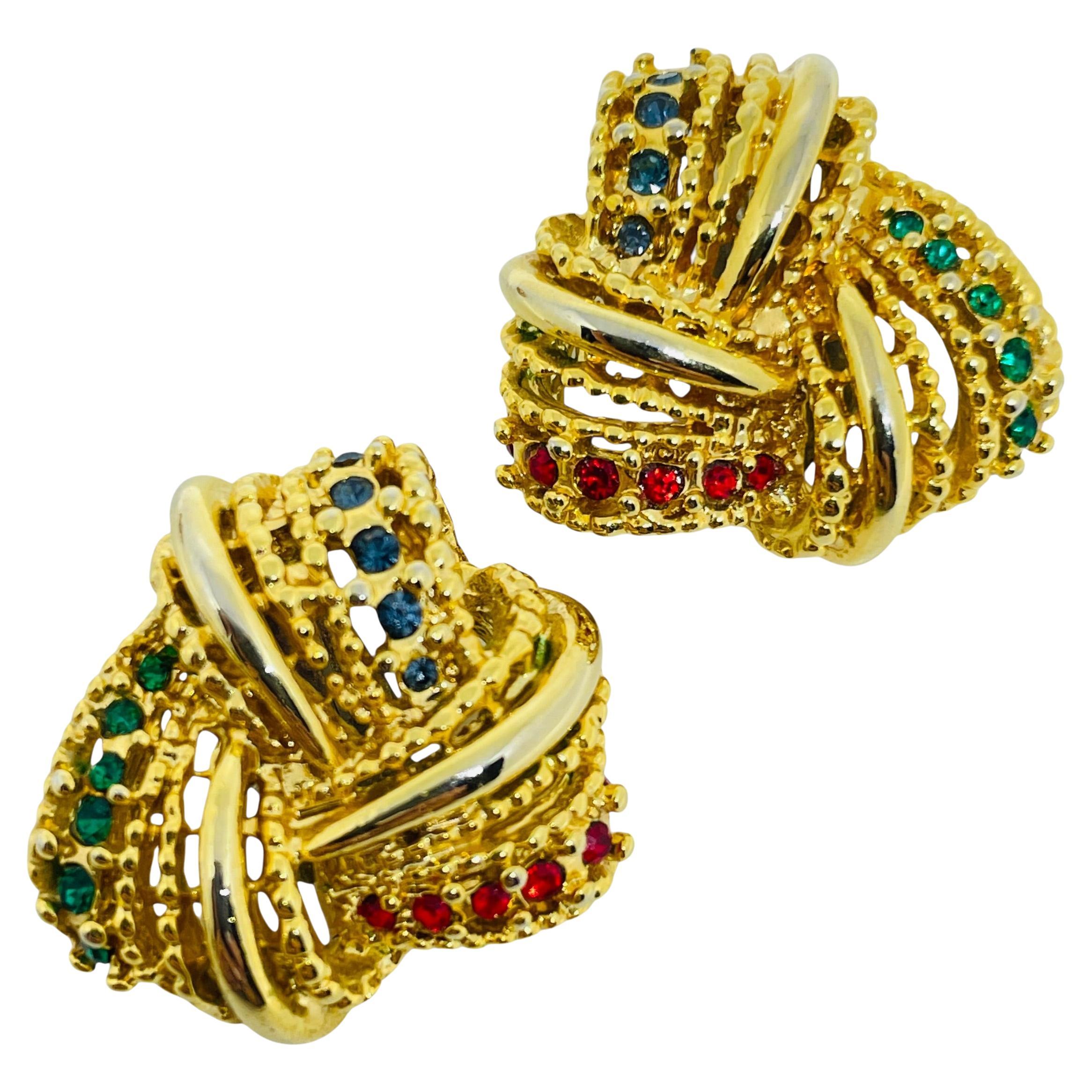 Vintage gold tone colorful rhinestones designer clip on earrings