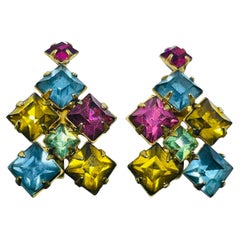 Vintage gold tone colorful rhinestones designer screw back earrings