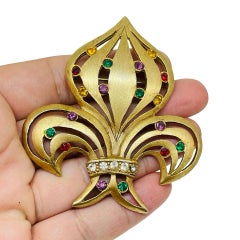Vintage gold tone colorful rhinestones flour de lis large designer brooch