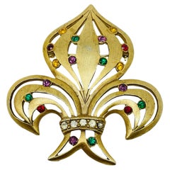 Vintage gold tone colorful rhinestones flour de lis large designer brooch