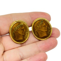 Vintage gold tone copper enamel Greek style massive designer cufflinks