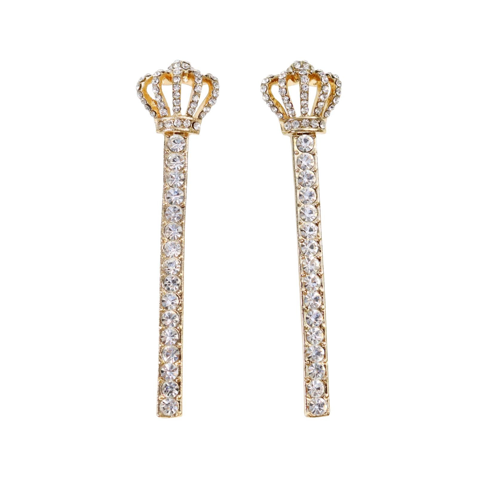 Vintage Gold Tone Crown Diamante Earrings Circa 1990s.  These great earrings have a crown at the top and then have round diamantes going all the way down.  This is a rigid piece and does not move so its so chic the way it presents.  The crown is