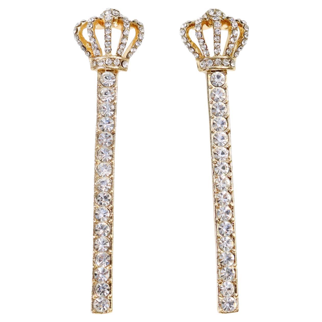 Vintage Gold Tone Crown Diamante Earrings Circa 1990s For Sale
