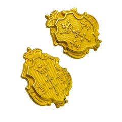 Vintage gold tone crown shield designer earrings