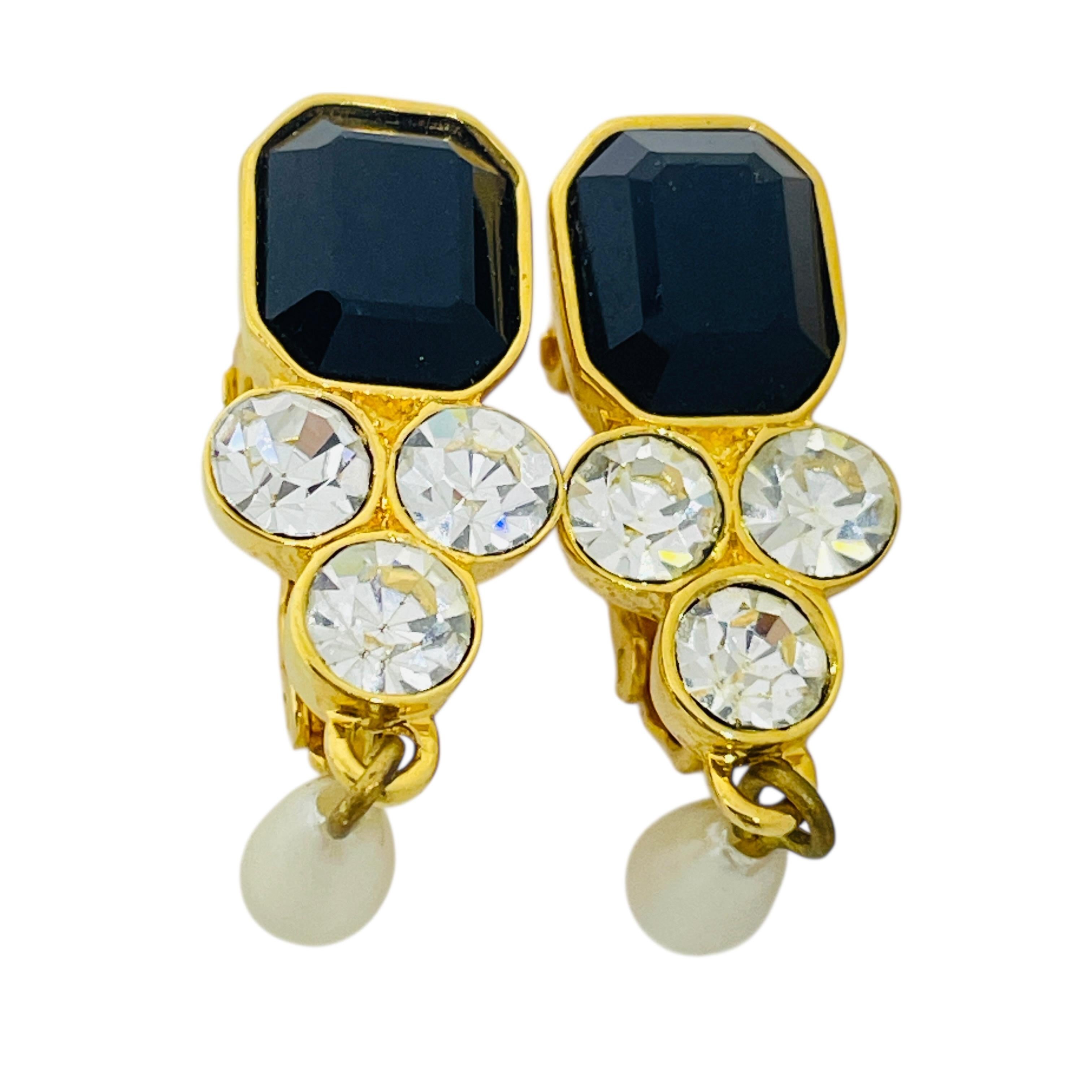 Vintage gold tone crystals dangle pearl designer clip on earrings