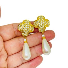 Vintage gold tone crystals drop faux pearl designer clip on earrings