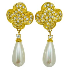 Vintage gold tone crystals drop faux pearl designer clip on earrings