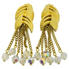 Vintage gold tone dangle ab crystal beads designer clip on earrings