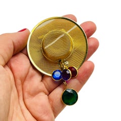 Vintage gold tone dangle bezel charms hat brooch