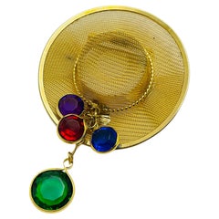 Vintage gold tone dangle bezel charms hat brooch