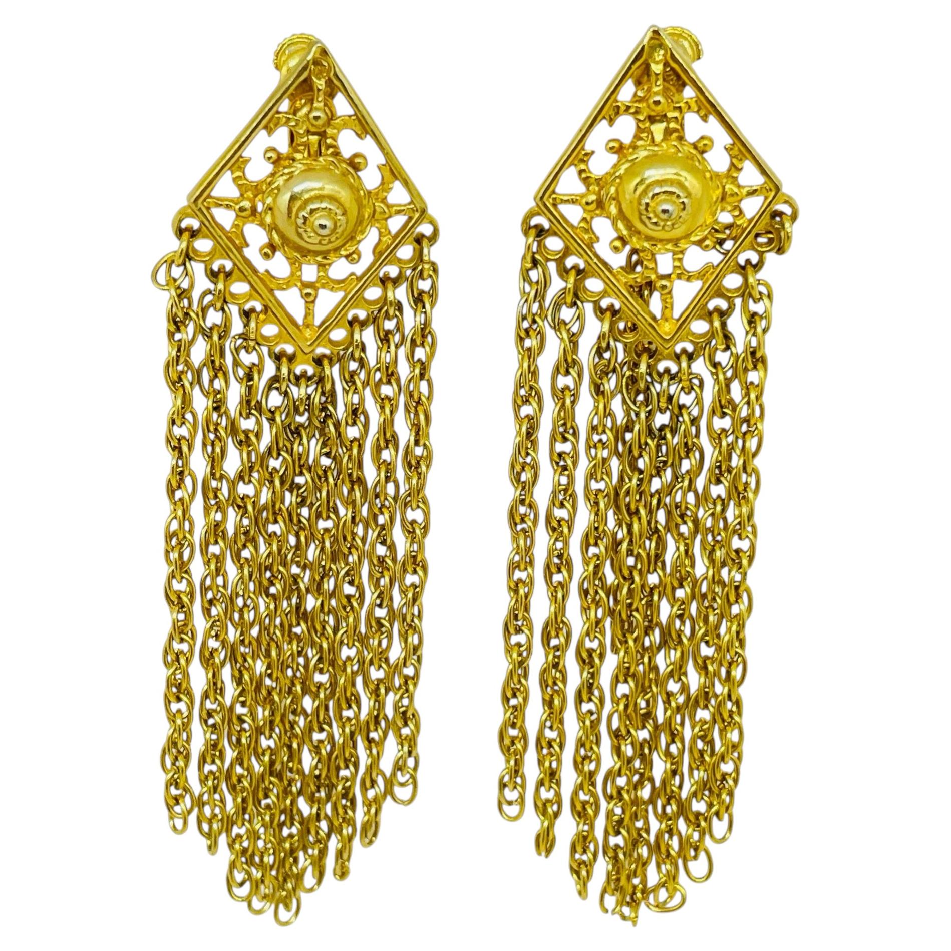 Vintage gold tone dangle chains designer clip on earrings For Sale