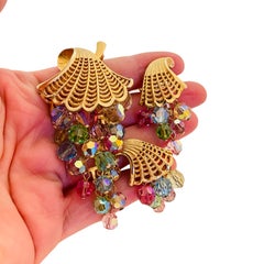 Vintage gold tone dangle cluster crystal balls designer brooch earrings set