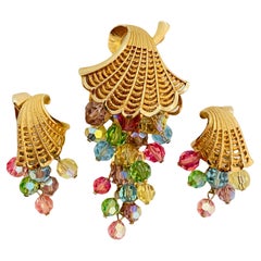 Vintage gold tone dangle cluster crystal balls designer brooch earrings set